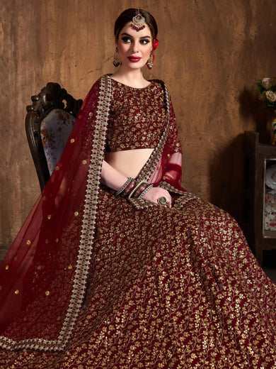 Maroon Zari Embroidery Raw Silk Wedding Lehenga Choli With Dupatta